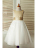 Beaded Neck Champagne Satin Ivory Tulle Wedding Flower Girl Dress